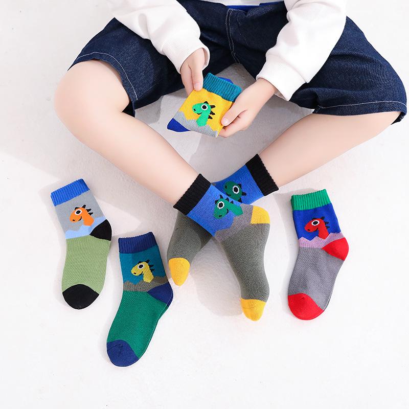 5 Pairs Kids Cotton Cartoon Dinosaur Socks Spring Autumn Boys Girls Age 3-15 Years Old Comfortable Crew Socks
