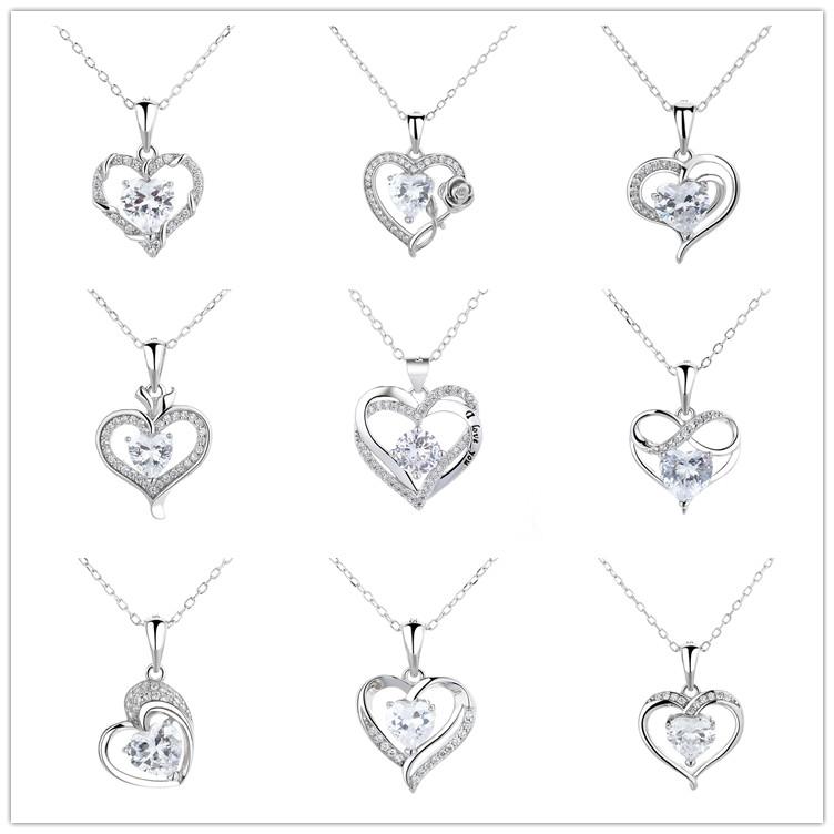 925 Silver Sterling Heart Design Simple Pendant Gemstone Necklace for Women Birthday Gift