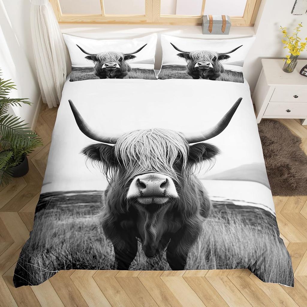Påslakan King Highland Cow Mikrofiber Western Bondgård Djur Sängklädesset Leopard Ko Hud Päls Blommigt Tryck Täcke Överdrag