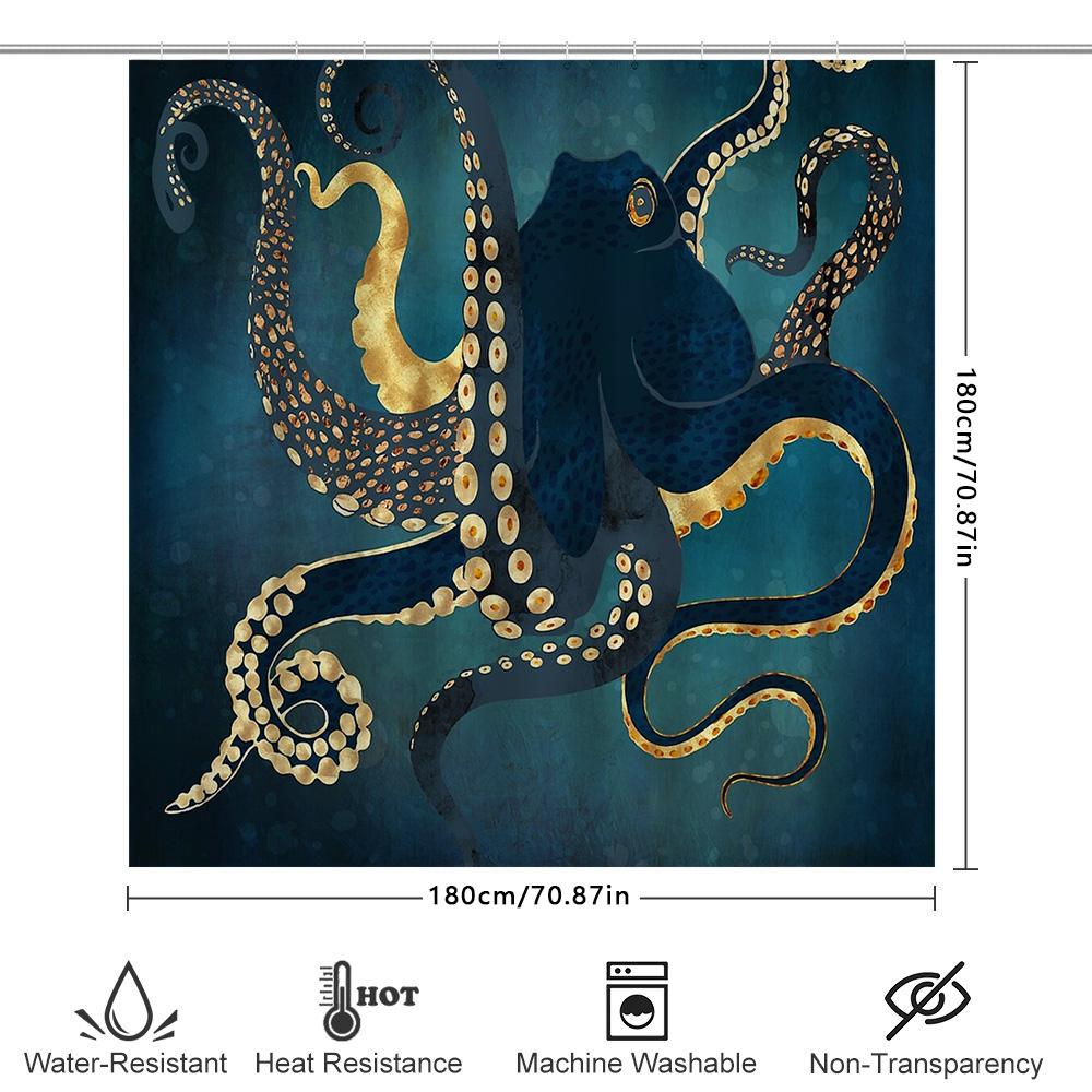 Ocean Octopus Shower Curtain Sea Life Coastal Bathroom Decor Nautical Teal Blue Waterproof Shower Curtain Set Vintage Wall Art