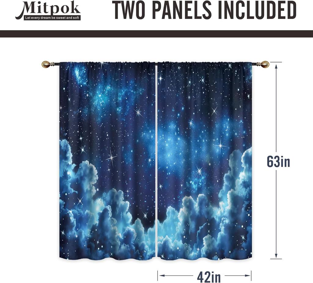 Starry Night Sky Curta Blue Galaxy Clouds Print For Bedroom Window Dreamy Decor