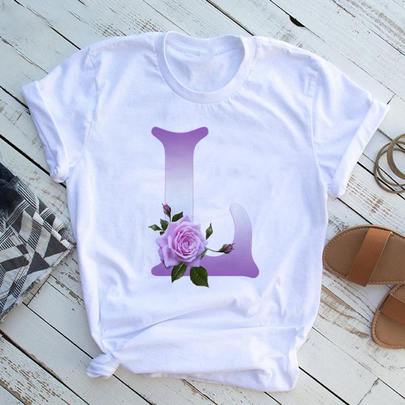 New English Name Rose Monogram Printed Tshirt Flower Short Sleeve Top Tshirt Women Clothing Graphic T Shirts Tops Aesthetic