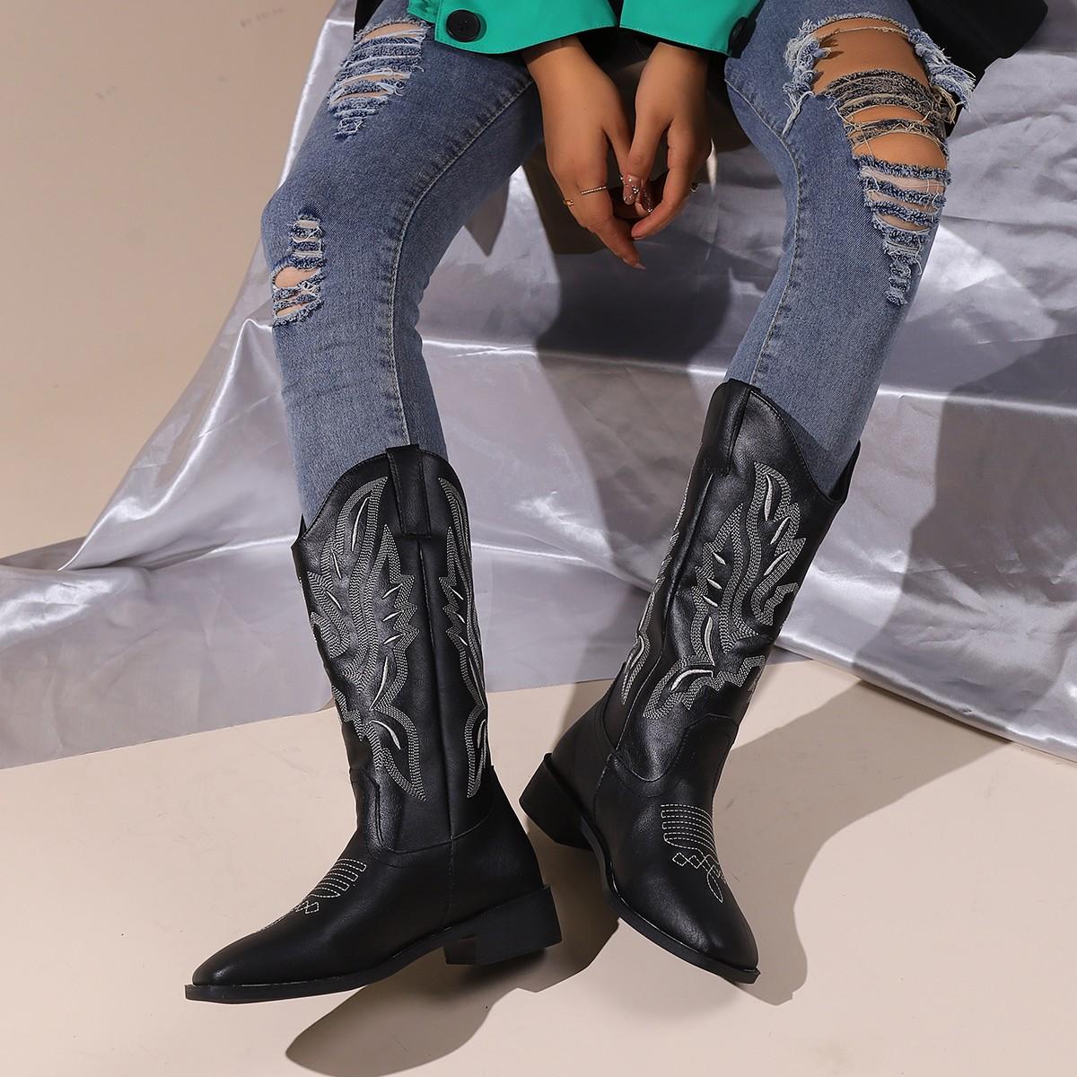 

Натуральная Кожа Ковбойские Массивные Botas Mujer Фирменные Дизайнерские Ковбойские Вышитые Повседневные Казачьи Ретро Ботильоны 36