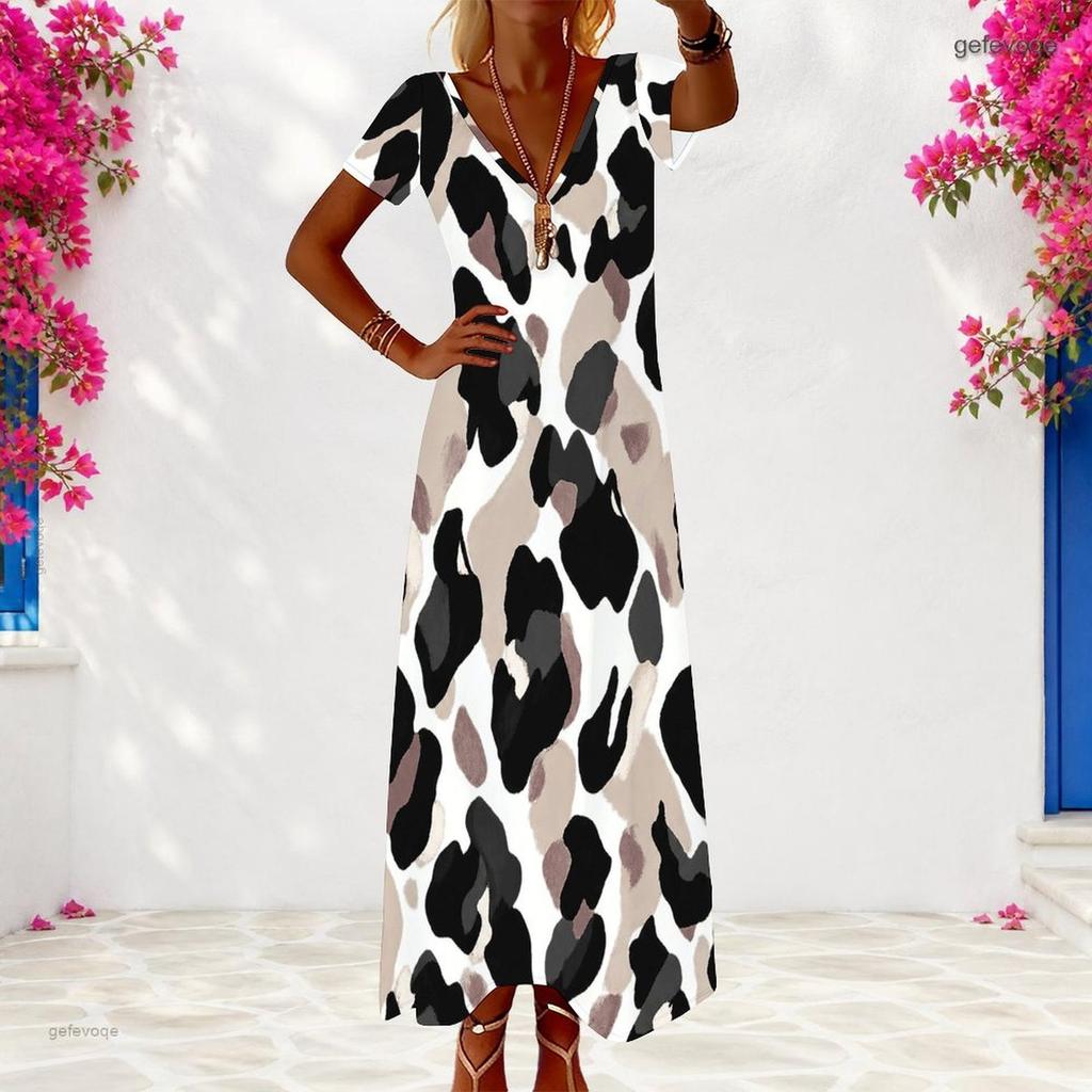 Women Plus Size V Neck Short Sleeve Colorful Printed Loose Long Dress