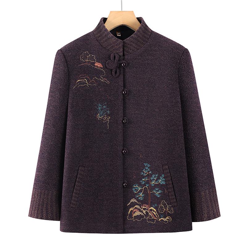Embroidered Stand-Collar Tang Suit Top for Middle-Aged and Elderly Women, Plush-Lined Jacket for Spring, Autumn, and Winter.