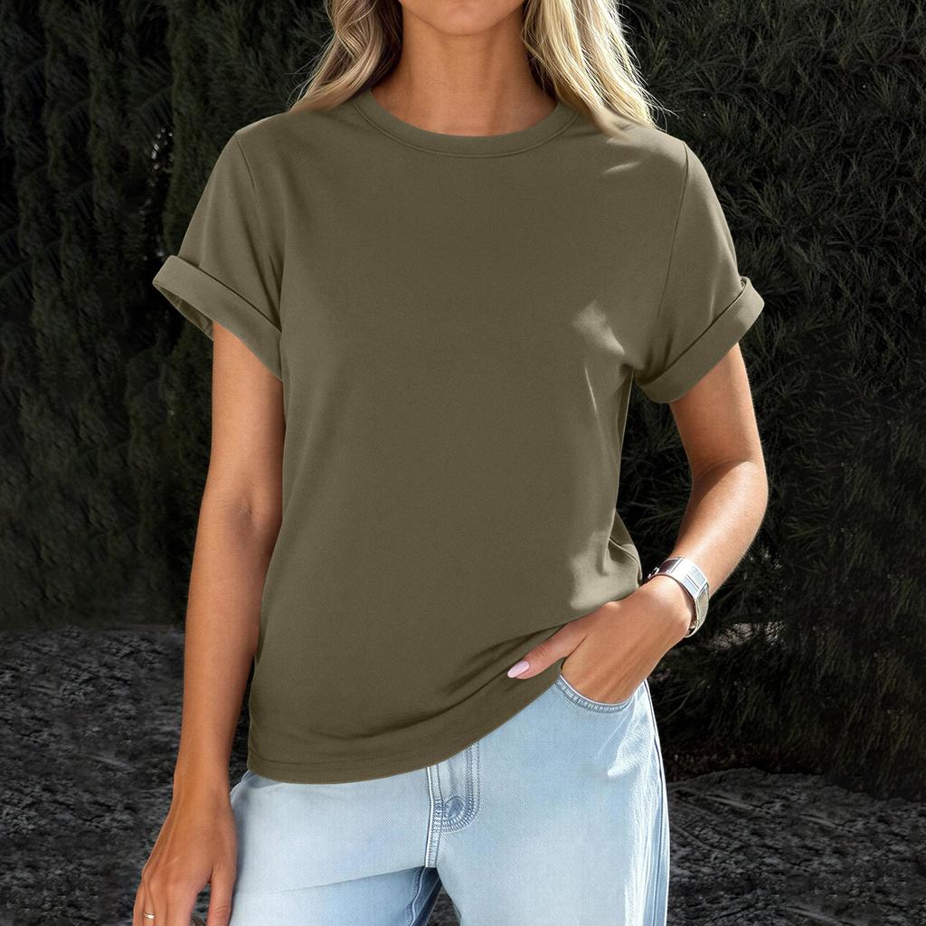 Womens  Casual Rolled Short Sleeve Basic Tees Fashion Tops