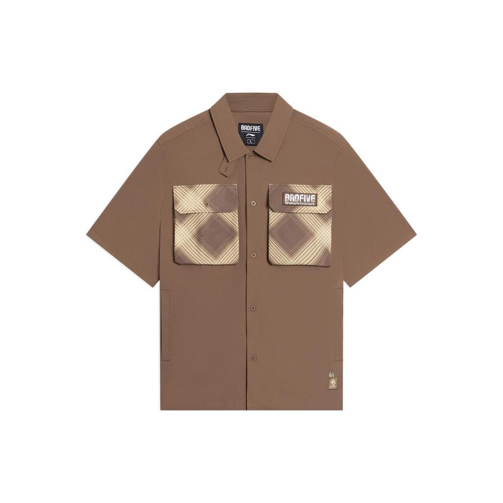 Li Ning Badfive Series Short Sleeve Shirt With Double Pocket Design Men Shirts Dark-Brown ASHS451-5