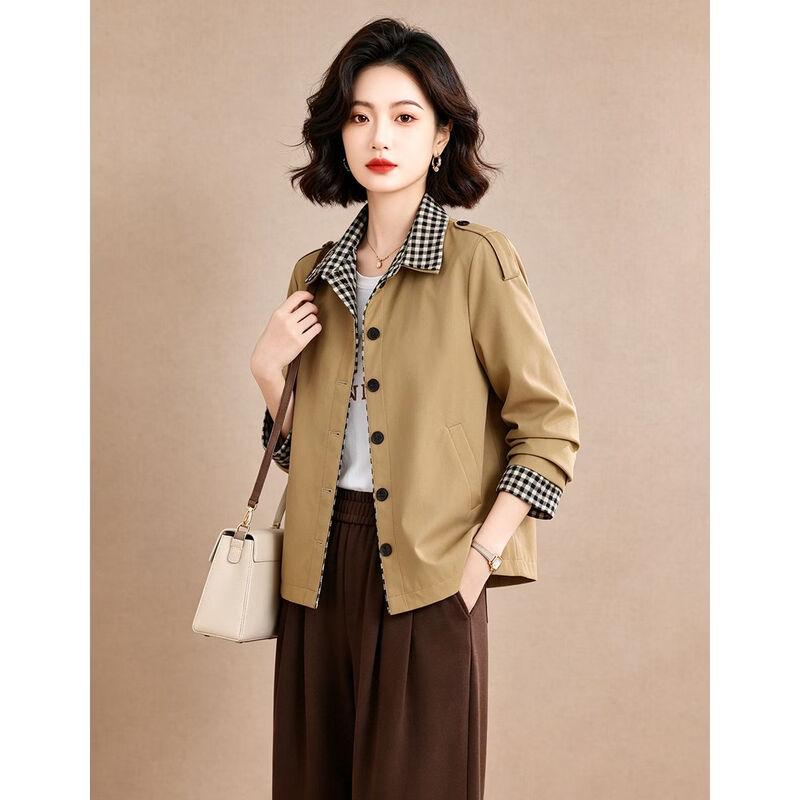 EST+II Women's Autumn Plaid-Lined Lapel Short Jacket