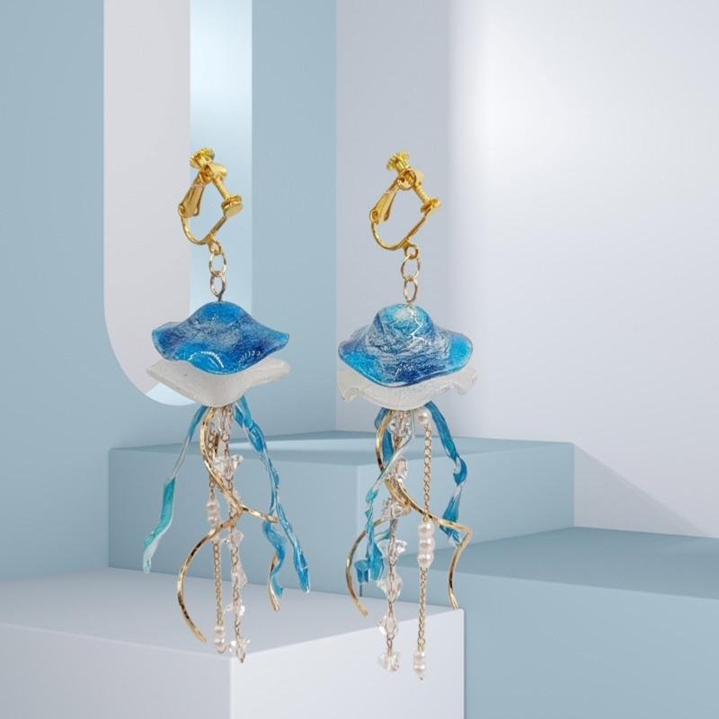 Handmade Elegant Blue Jellyfish Earrings Craft from Acrylic Materials for Casual Outings and Beach Vacations Daily Use