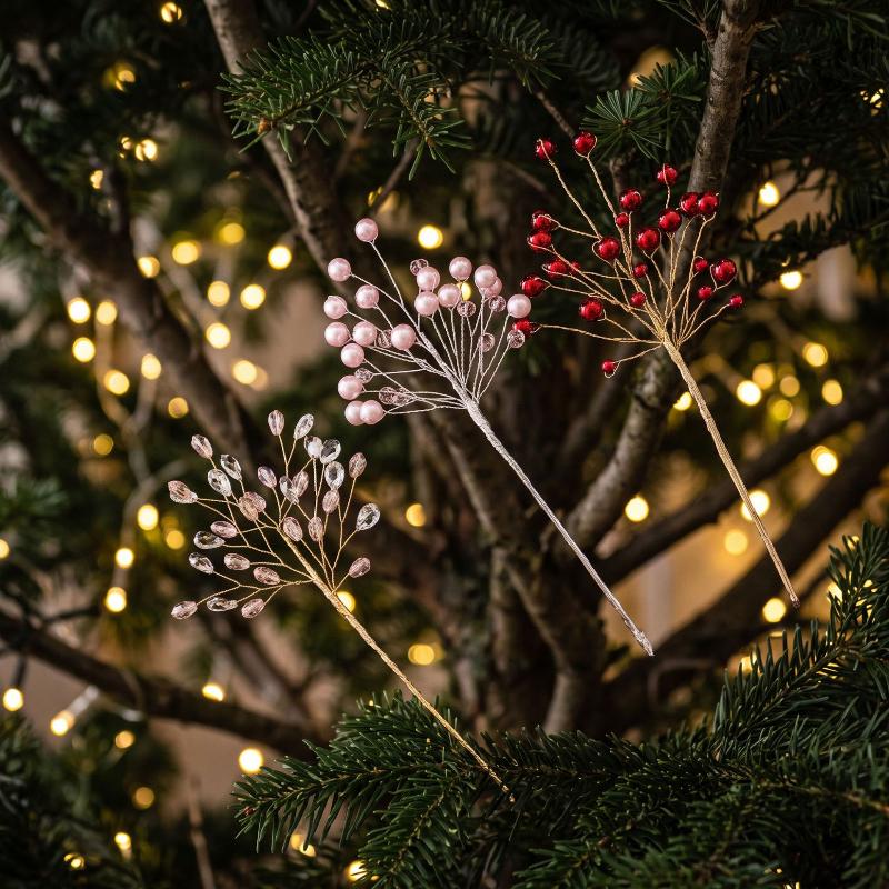 Transparent Bead Crystal Tree Branches Shape Glitter Finish Christmas Tree Ornament Sparkling Effect Lifelike Style