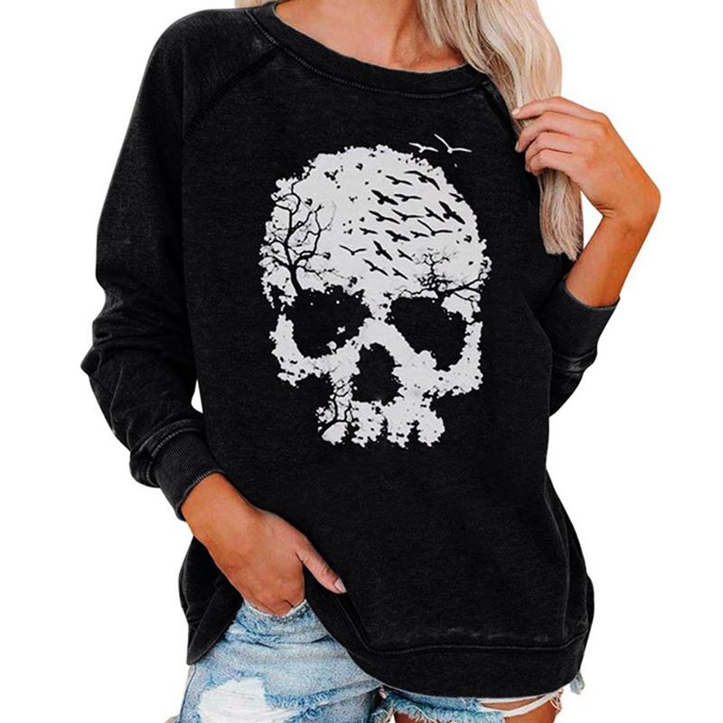 

Women s Halloween Skull Print Crew Neck Long Sleeve Casual Top Pullover Sweatshirt L