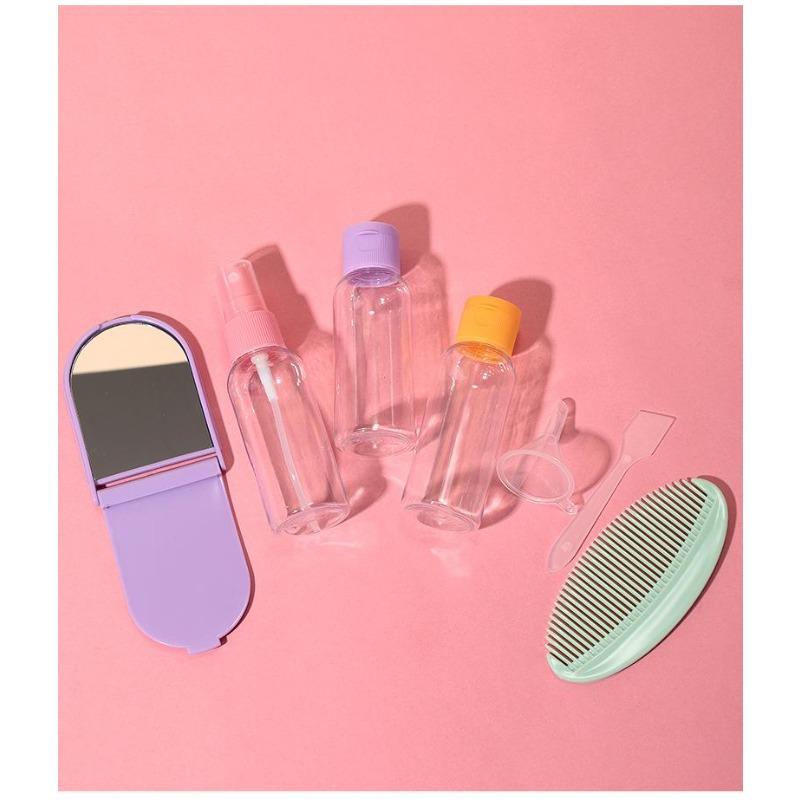 Set de Botellas Vacías de Viaje Set de 7 Piezas, Botellas para Sub-envasado de Cosméticos Espejo de Maquillaje Portátil Set de Peine