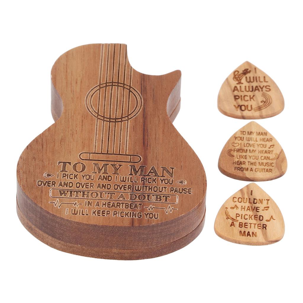 Guitar Pick Box Engraved Guitar Portable 3 Wooden Picks and Storage Case for Birthday Christmas
