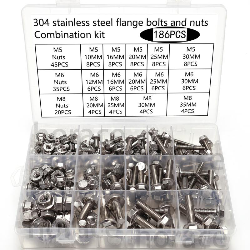 186PCS Flange Bolt and Nut Kit, Stainless Steel Metric Flange Hexagon Nuts, M5 M6 M8 Including 14 Common Sizes, Full Thread Set