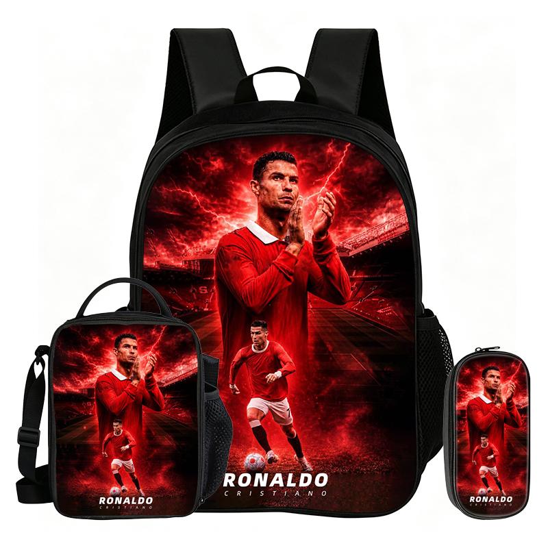 Ronaldo 3Pcs Set School Backpack Football Sport Backpack,Pencil Bags,with Lunch bag,Football Star Bookbag Knapsack