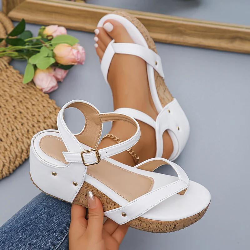 Fashion Camel Wedges Chunky Platform Sandals Women 2024 Summer Clip Toe Thick Bottom Gladiator Sandals Woman Ankle Buckle Beach Shoes