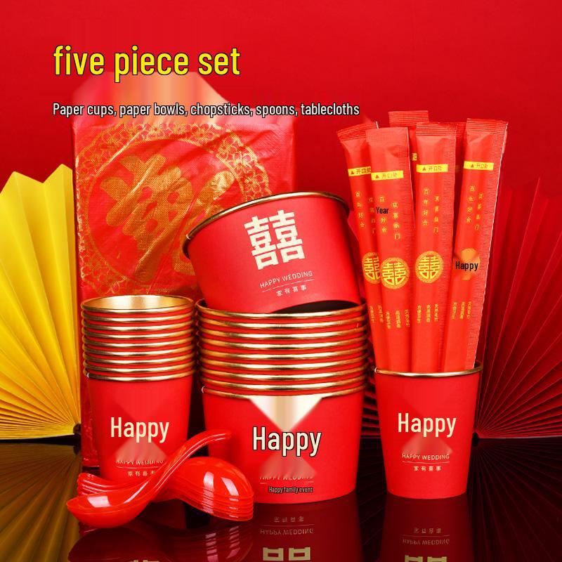 Disposable Gold Foil Wedding Tea Cups: Thickened Red Festive Collection