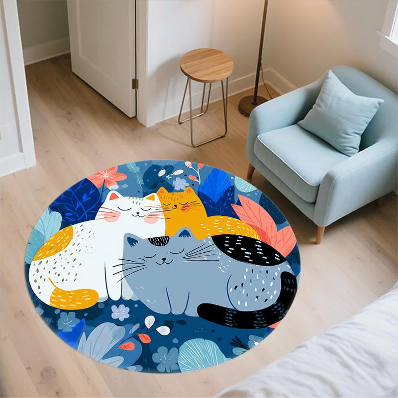 Flat Style Cat,Round Area Rug,Carpet Rug for Living Room Bedroom Sofa Playroom Decor,Non-slip Floor Mat