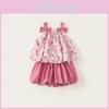 Süßes florales Muster Schleifendesign Schulterträger Sommer Top und Shorts Set für Kinder