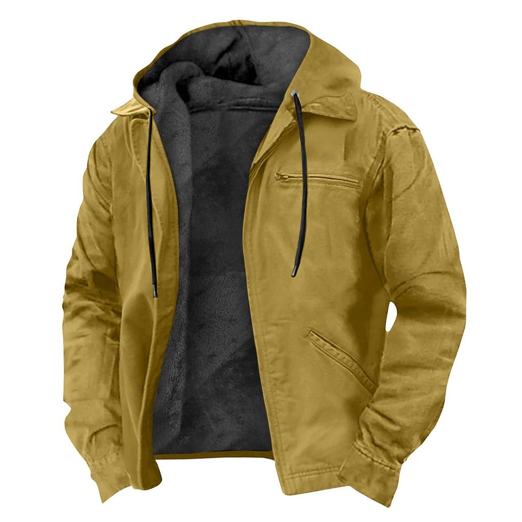 Men's Casual Zippered Pocket Hooded Jacket Men's Solid Color Fashion Warm Jacket