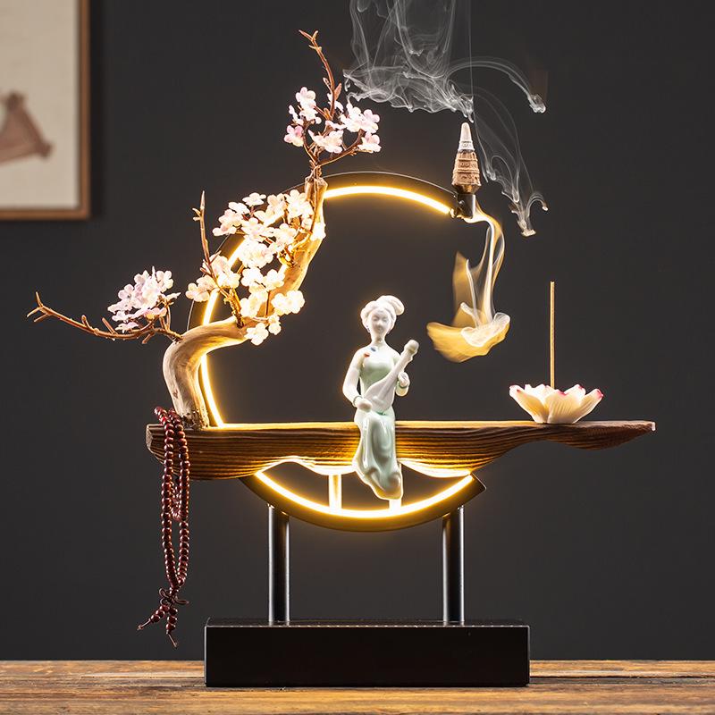 Chinese Style LED Ring Lamp with Backflow Incense Burner for Living Room Decor