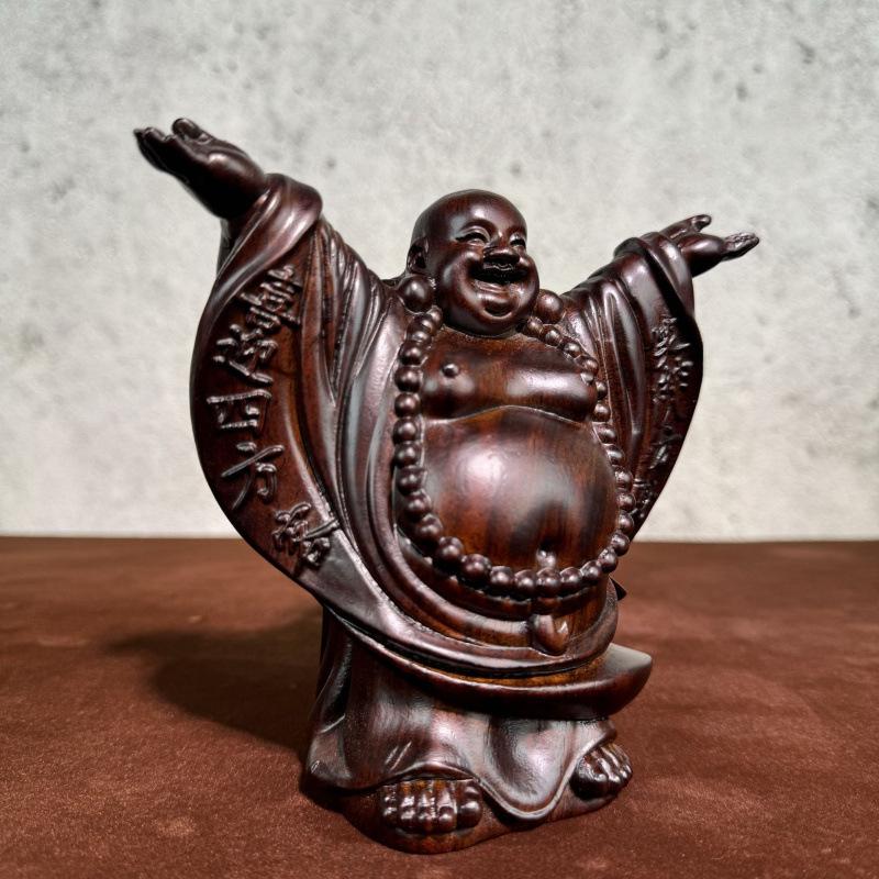 Ebony Maitreya Statue: Solid Wood Carving Welcoming Guests, Embracing Wealth with a Big Belly Laugh