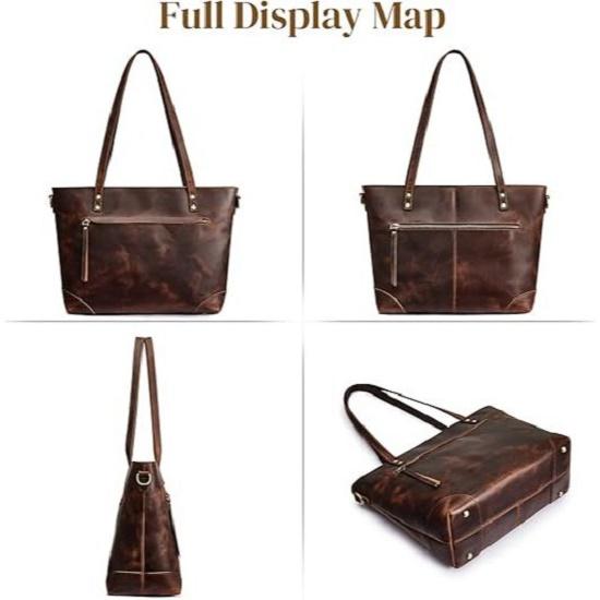 Genuine Leather Tote Bag for Women Work Shoulder Crossbody Purses Handbag with Outside Pockets