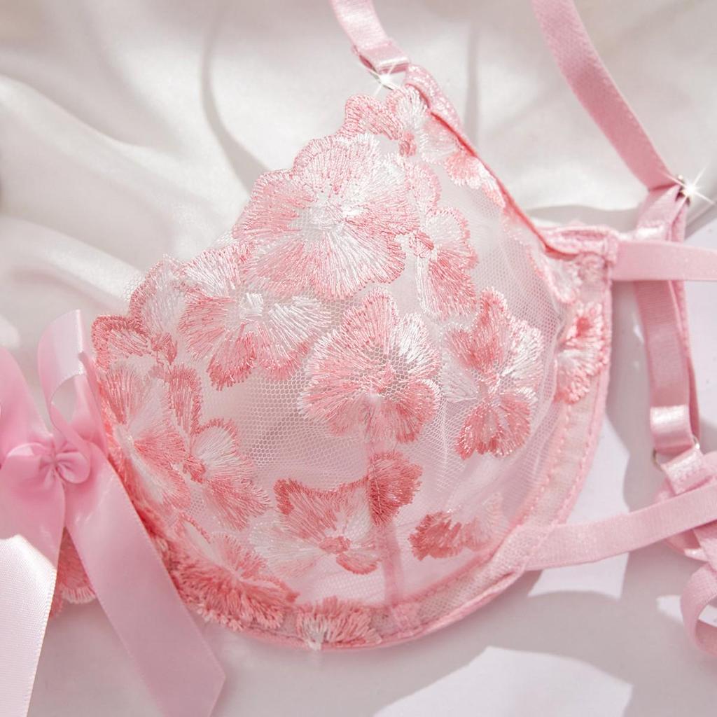 European & American Floral Embroidery Lingerie Set: Mesh Push-Up Bra & See-Through Panties