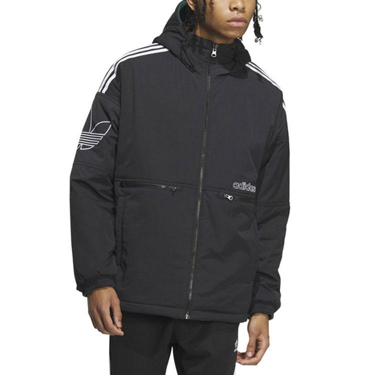 adidas Originals Embroidered Logo Reversible Long Sleeve Hooded Cotton Jacket Men Outerwear Black IU4785