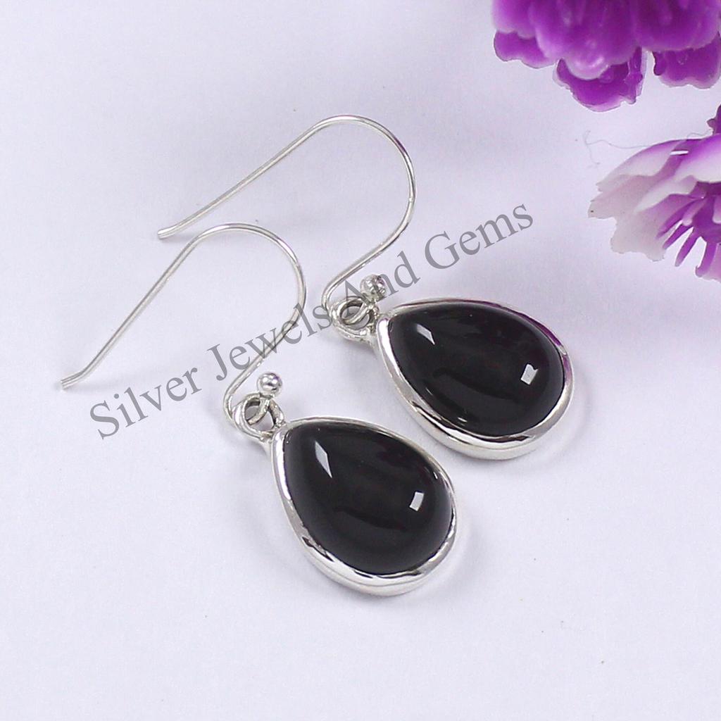 925 Sterling Silver Teardrop Black Onyx Earrings, December Birthstone