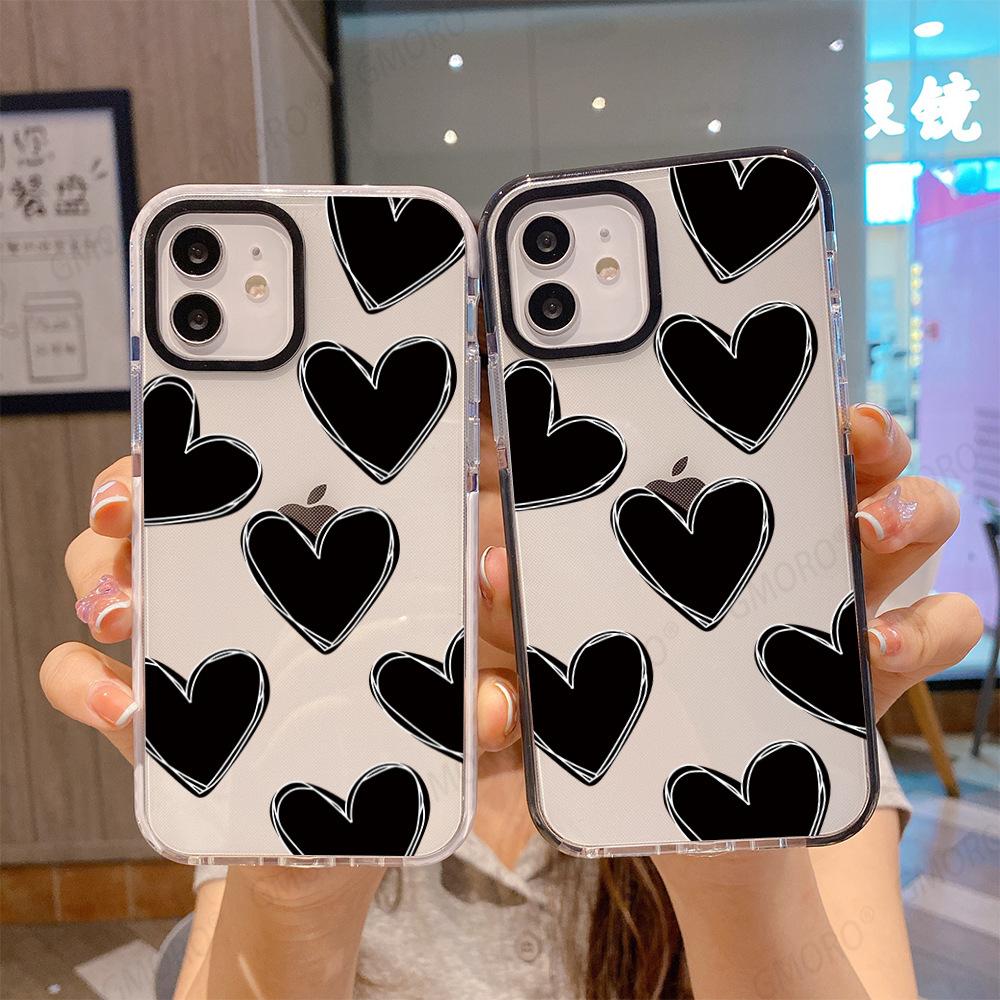 Ins Internet Celebrity Same iPhone13 Simple Black Love Mobile Phone Case Apple 16Pro Two-color Transparent Soft Case 17