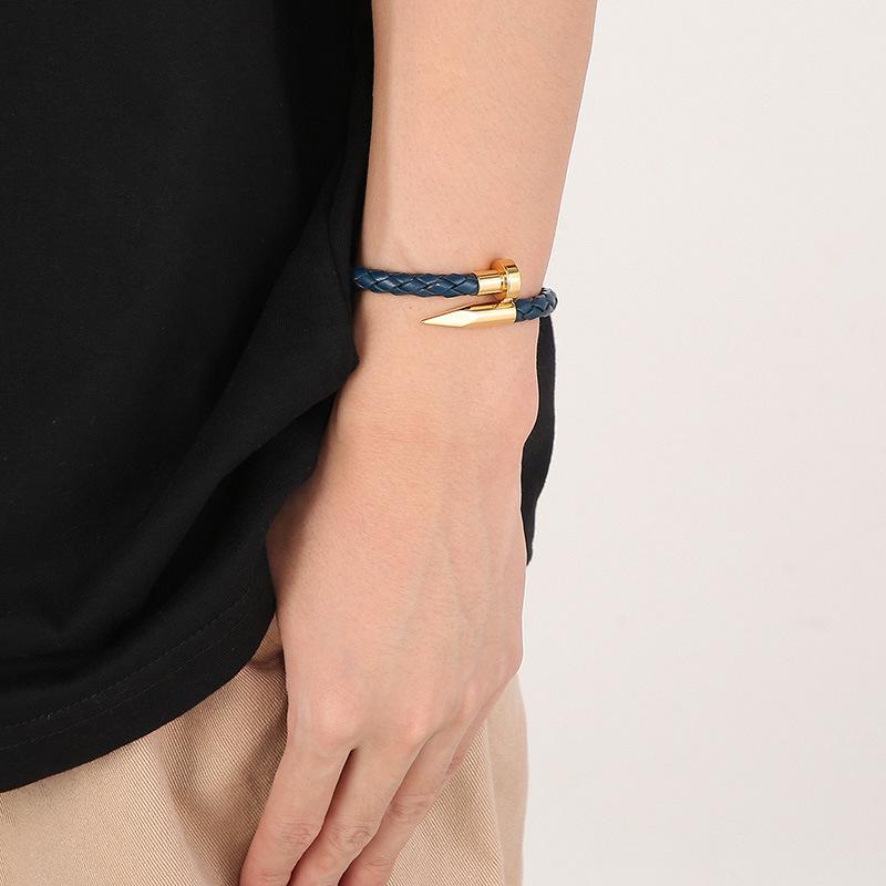 Men's Leather Magnetic Clasp Bracelet with Stainless Steel Nails