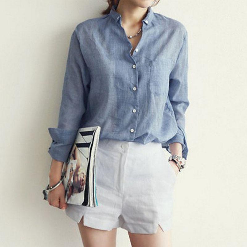 Plus Size Korean Style Long Sleeve Cotton Linen Women's Shirt