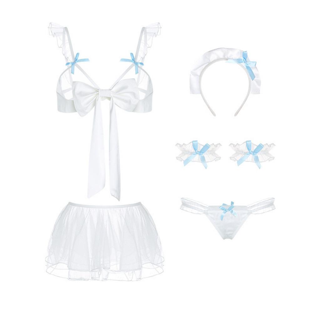 Domila Erotic Underwear Sexy Sweet Bow Dew Milk Sweet Beautiful Woman Servant Mesh Transparent Uniform Set