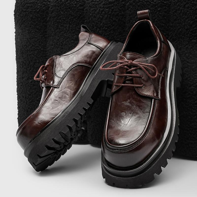 Fashion Retro Solid-Color Leather Men's Oxford Shoe Thick-Soled Anti-Slip Lace-Up Flat Shoe Autumn And Winter Casual Formal Office Shoes