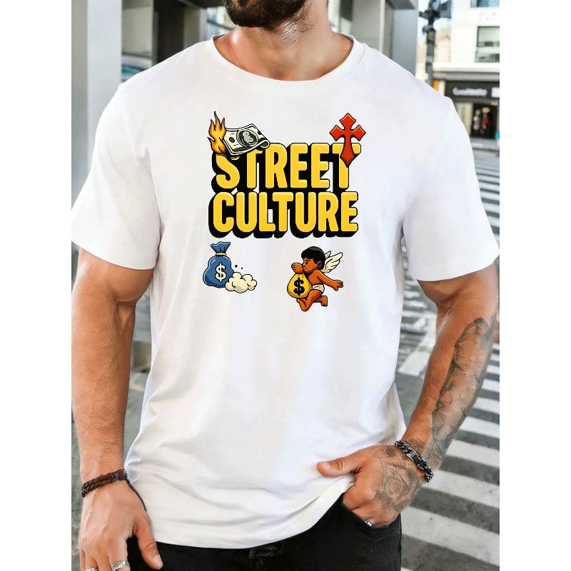 Taglia Europea Uomo Moda Stile di Strada Trendy CULTURA STREET T-shirt Grafica con Banconota in Fiamme Borsa di Denaro a Croce Disegno Angelo Cartone Animato Adulto