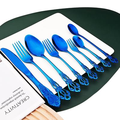 4Pcs Blue Kitchen Tableware Set Stainless Steel Dinnerware Knife Fork Spoons Cutlery Long Ice Spoon Cake Fork Teaspoon Set Dinner