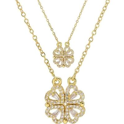 Necklace - Pretty - Four-leaf Clover - Gold-tone Metal - Crystal - 2 In 1 Retro