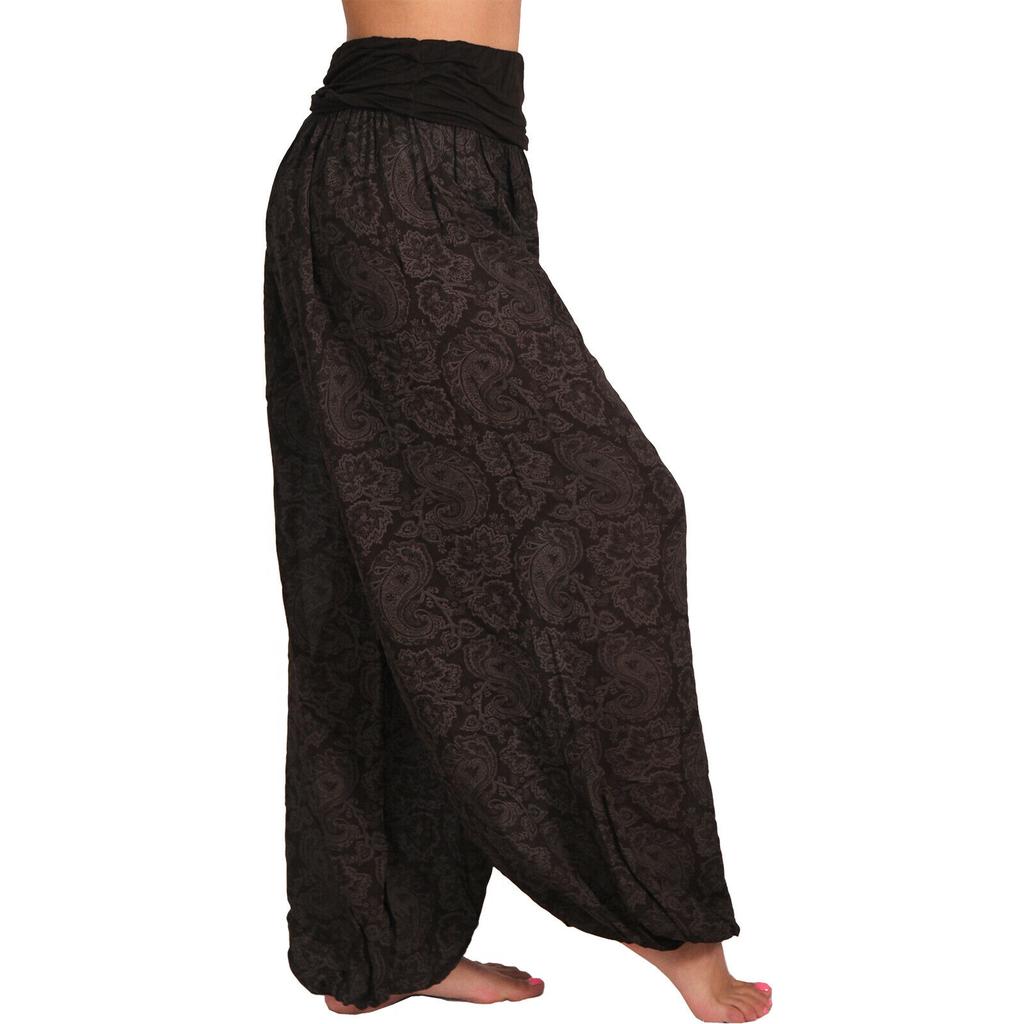 Women Casual Boho Print Pants Wide Leg Pants Loose Pocket Button Pants