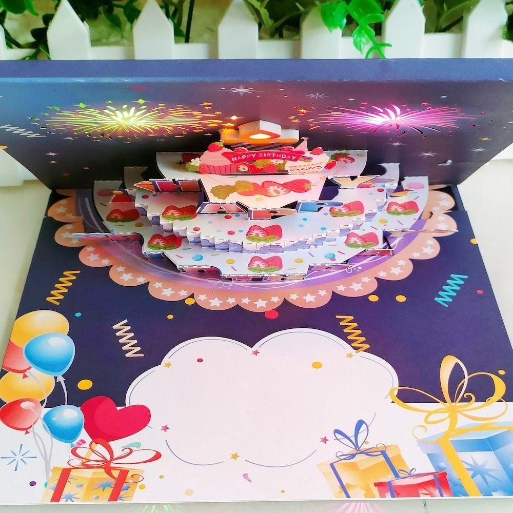 Fireworks Effect Happy Birthday Card Blowable Led Candle Birthday Cake Postcards  Mom