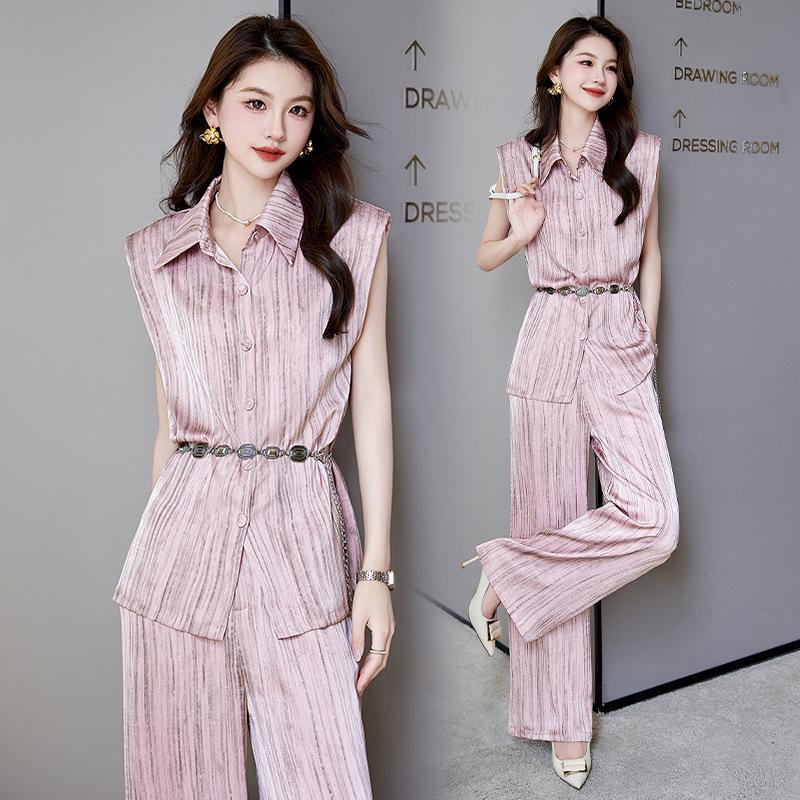 Wide-leg Pants Set Women's Summer New Design Temperament Striped Shirt Two-piece Set