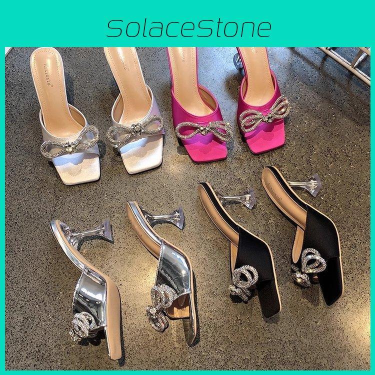 Wide Fit Crystal Flat Slides With Square Toe And Rubber Sole For Summer