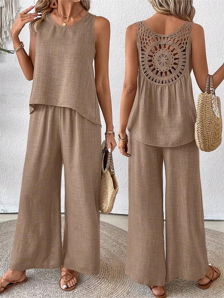 Solid Color Casual Loose Pants Sets For Women Elegant Summer Women's Two Pieces Suit Full Trouser Set Female Outfit Clothes