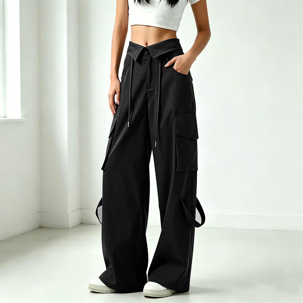 Women’s Fashion Loose Fit Wide Leg Pants with Drawstring Waist and Multiple Pockets for Casual and Athletic Wear