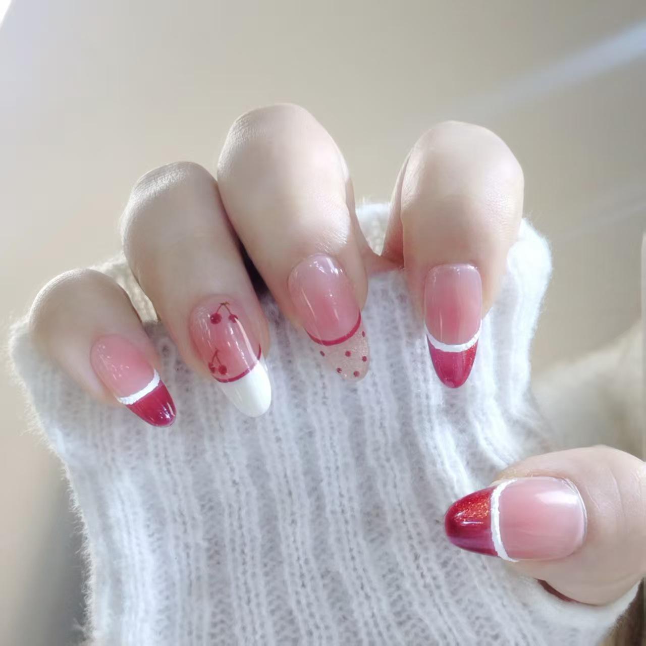 2026 New Year Red French Cherry Polka Dot Cat Eye Manicure - Cute, Handmade, Long Style Nails Large