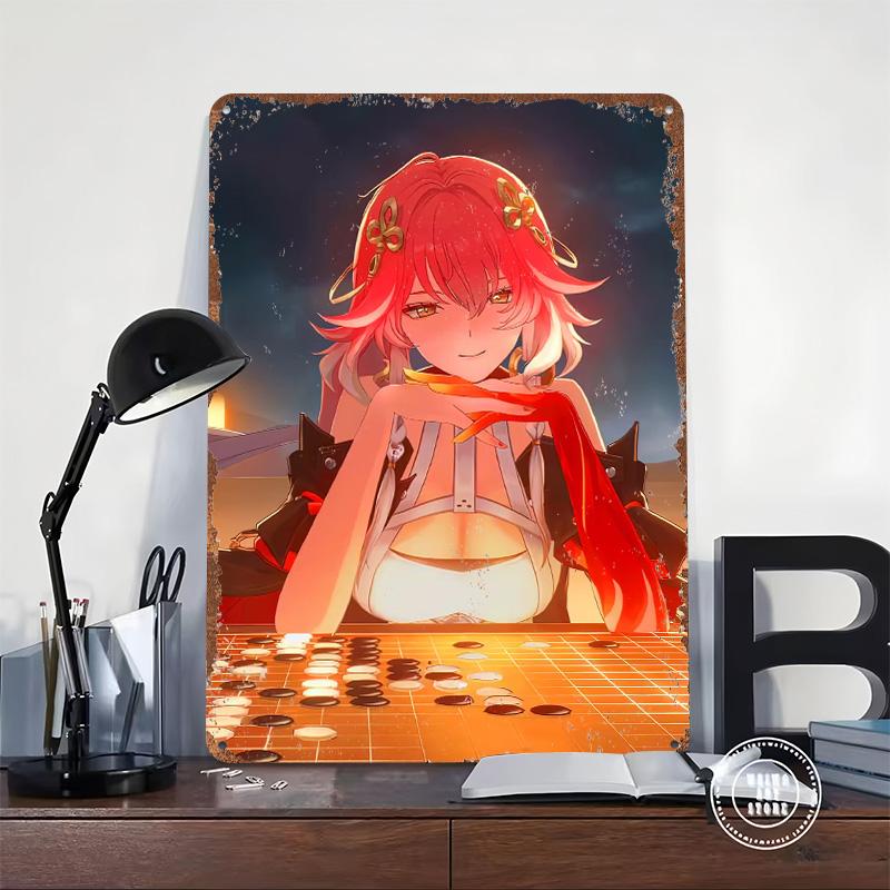 Anime Girl Playing Go Game Printed Poster Customized Wall Art Retro Vintage Metal Tin Signs for Bedroom Decoration Room Man Cave
