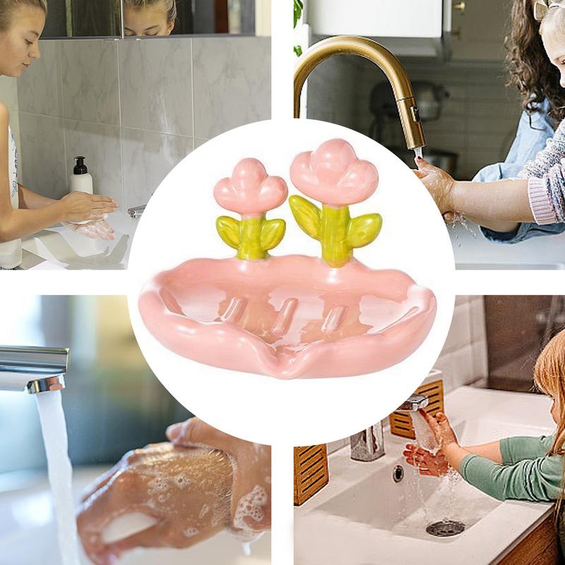 Soap Dish Holder Kitchen Flower Design Sink Tray Bathroom Supplies Organizing Storage With Drainage Holes Anti-Slip For Bathroom