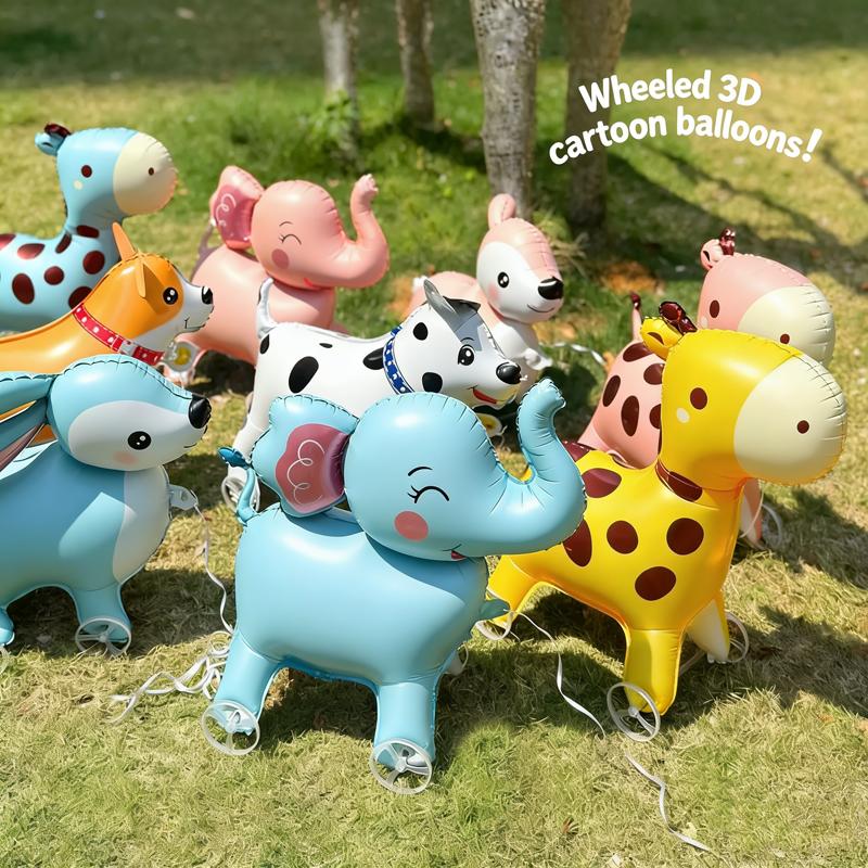 1Pcs Cartoon Animal Foil Balloon, Walking Standing Balloon With Wheels, Kids Birthday Party Decor, Baby Shower Accessories