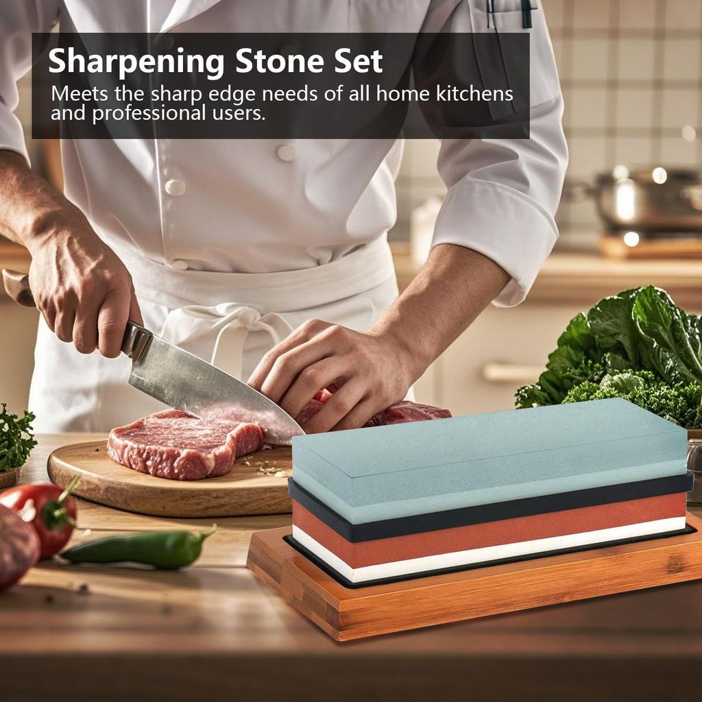 Knife Sharpening Stone Set, 4 Side KitGrit 400/1000/3000/8000 Waterstone, Whetstone Sharpener Set with Non-Slip Bamboo Base, Cut Resistant Gloves,