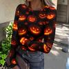 Women Casual Long Sleeve Ribbed Top Halloween Pumpkin Print Round Neck Slim Fit Stretchy Shirt